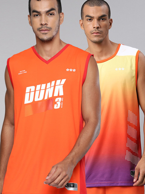 

HRX By Hrithik Roshan Men Pack of 2 Printed & Dye Anti-Static Rapid-Dry Basketball T-shirts, Orange