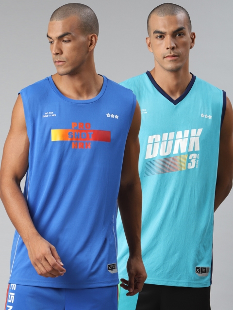 

HRX By Hrithik Roshan Men Pack of 2 Blue Printed Anti-Static Rapid-Dry Basketball T-shirts