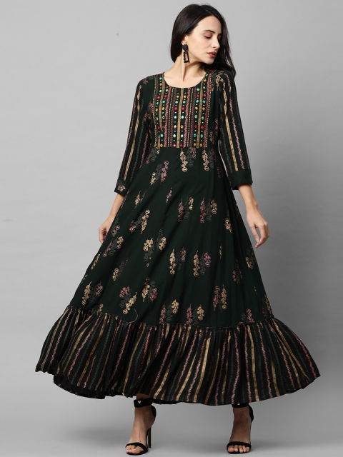 

FASHOR Green & Gold-Toned Floral Ethnic Maxi Dress