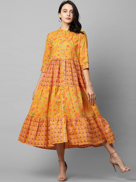 

FASHOR Mustard Yellow & Pink Ethnic Motifs A-Line Midi Dress