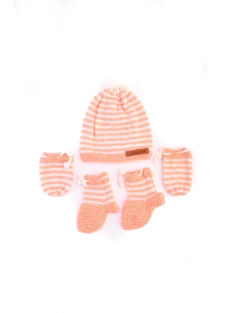

The Original Knit Unisex Kids Peach & White Handmade Beanie with socks & Mittens