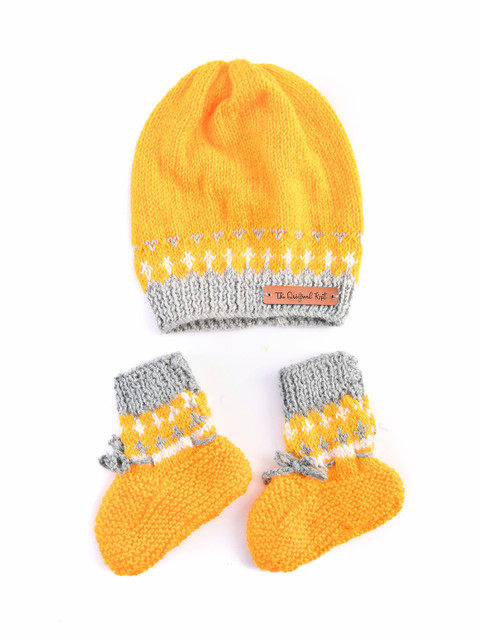 

The Original Knit Unisex Kids Yellow & Grey Colourblocked Handmade Beanie with Booties