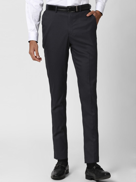 

Peter England Men Grey Striped Formal Trousers