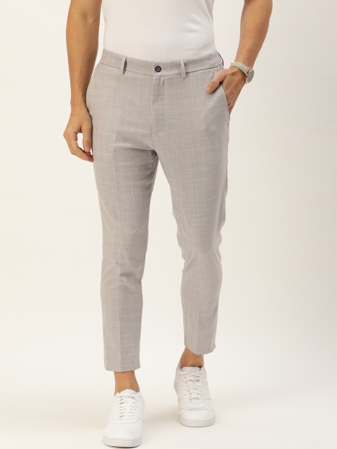 

Peter England Men Grey Checked Carrot Skinny Fit Trousers