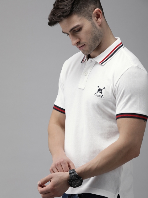 

U S Polo Assn Men White Solid Pure Cotton Polo Collar T-shirt
