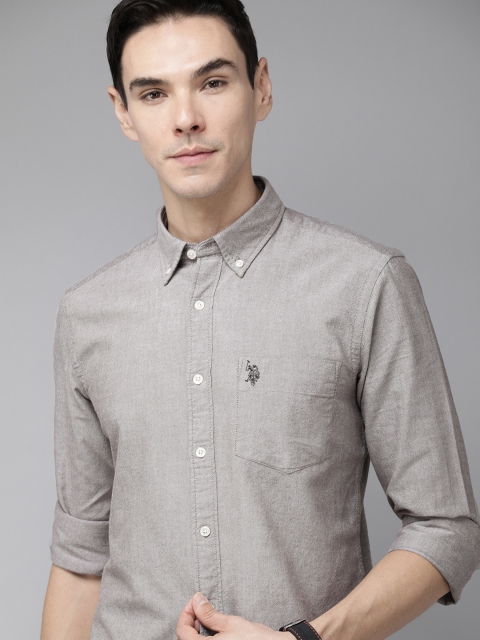 

U S Polo Assn Men Grey Self Design Tailored Fit Cotton Casual Shirt