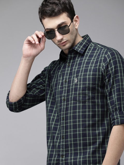 

U S Polo Assn Men Navy Blue & Green Tailored Fit Pure Cotton Checked Casual Shirt