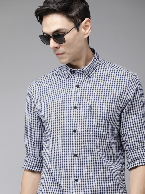 

U S Polo Assn Men Blue and White Gingham Checks Opaque Pure Cotton Casual Shirt