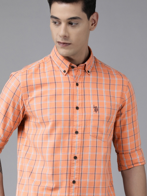

U S Polo Assn Men Orange Checked Pure Cotton Casual Shirt