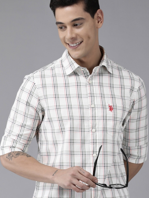 

U S Polo Assn Men White Checked Pure Cotton Casual Shirt