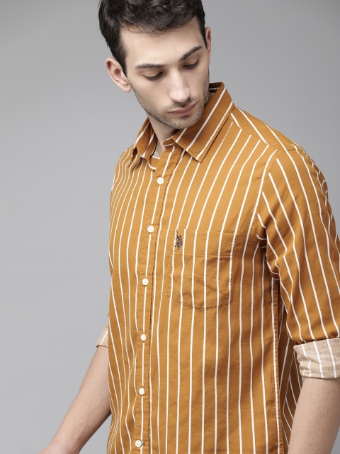 

U S Polo Assn Men Brown & White Tailored Fit Striped Casual Shirt