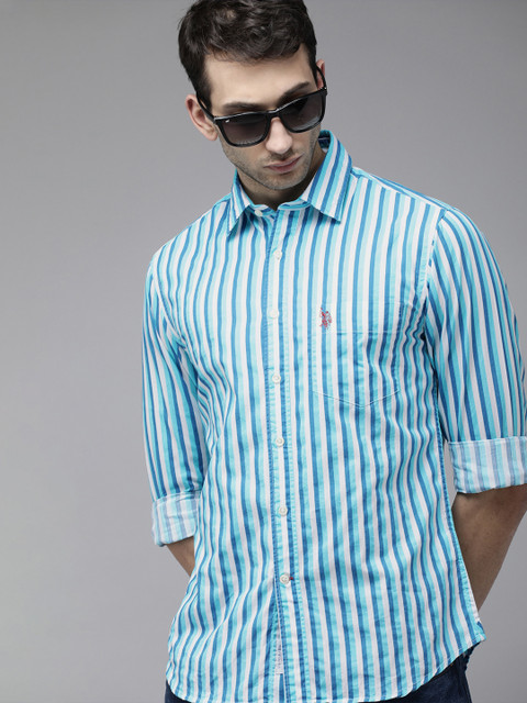 

U S Polo Assn Men Blue & White Tailored Fit Striped Casual Shirt