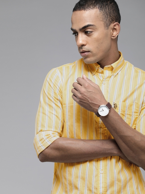 

U S Polo Assn Men Yellow Tailored Fit Striped Pure Cotton Casual Shirt