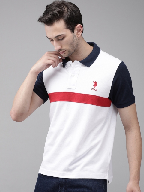 

U S Polo Assn Men White Red Striped Polo Collar Slim Fit Cotton Pure Cotton T-shirt