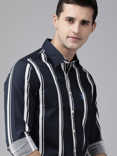 

U S Polo Assn Men Navy Blue & White Tailored Fit Striped Pure Cotton Casual Shirt