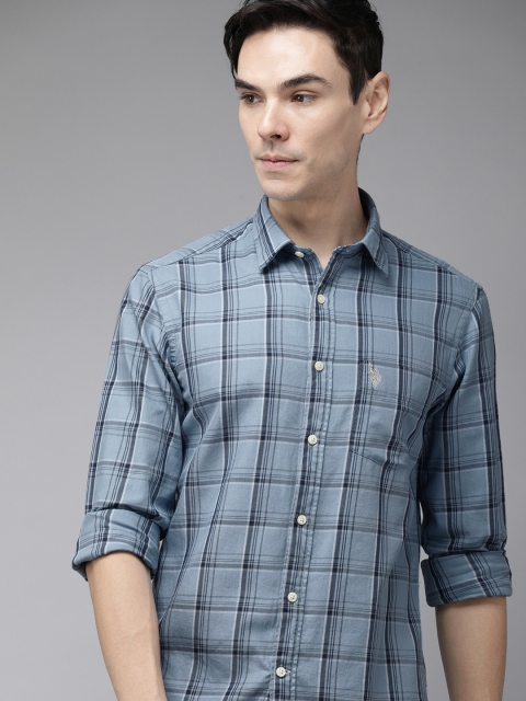

U S Polo Assn Men Blue Tailored Fit Windowpane Checks Opaque Pure Cotton Casual Shirt