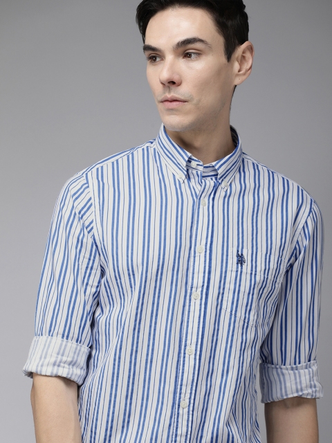 

U S Polo Assn Men White Opaque Striped Pure Cotton Casual Shirt