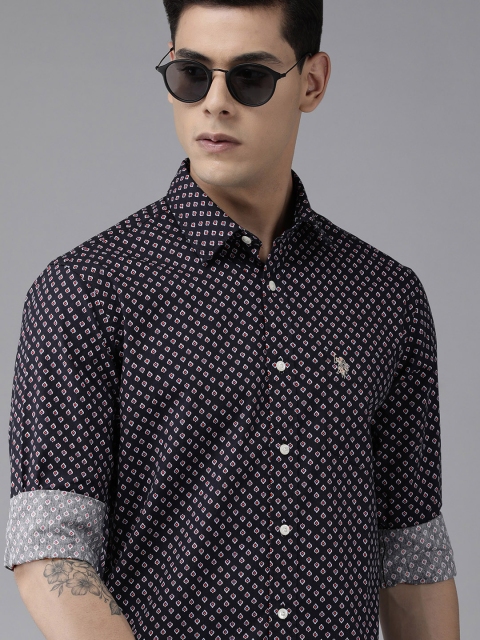 

U S Polo Assn Men Blue Printed Pure Cotton Casual Shirt