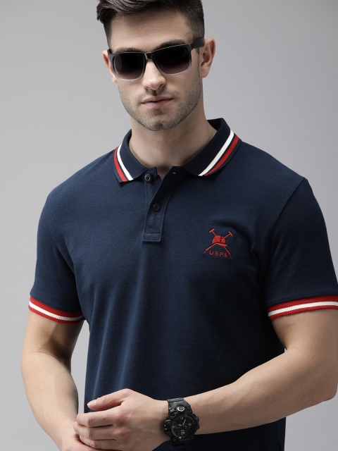 

U S Polo Assn Men Navy Blue Solid Pure Cotton Polo Collar T-shirt