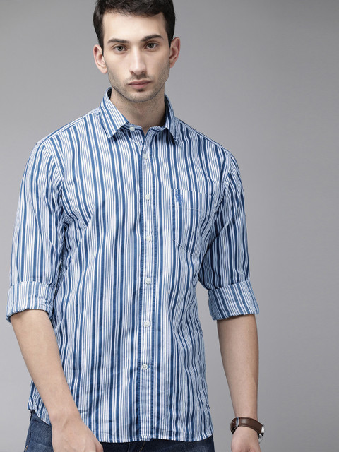 

U S Polo Assn Men Blue & White Tailored Fit Striped Casual Shirt