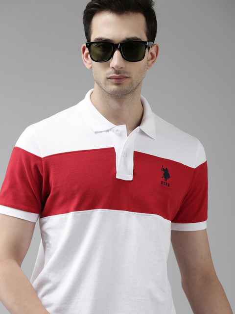 

U S Polo Assn Men White Red Colourblocked Slim Fit Cotton Pure Cotton T-shirt