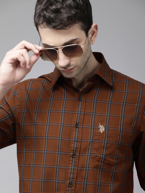

U S Polo Assn Men Brown Windowpane Checked Tailored Fit Opaque Formal Shirt