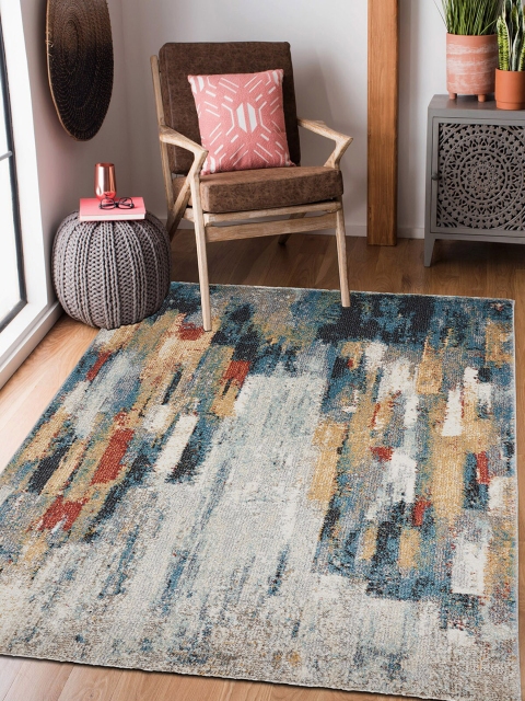 

OBSESSIONS Cream-Coloured & Blue Abstract Printed Contemporary Carpet