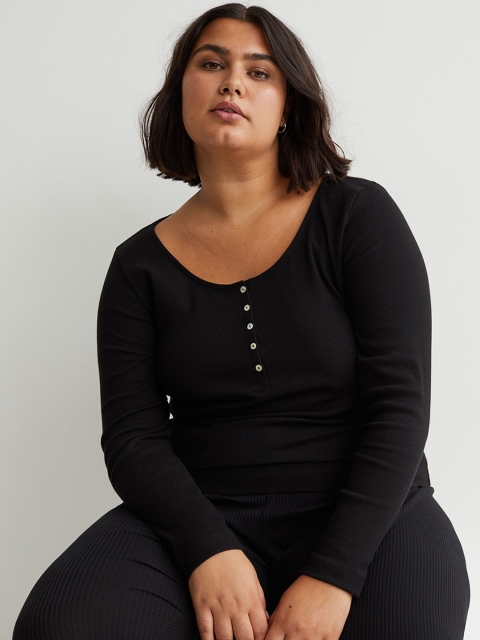 

H&M Women Ribbed Henley top (Plus Size), Black