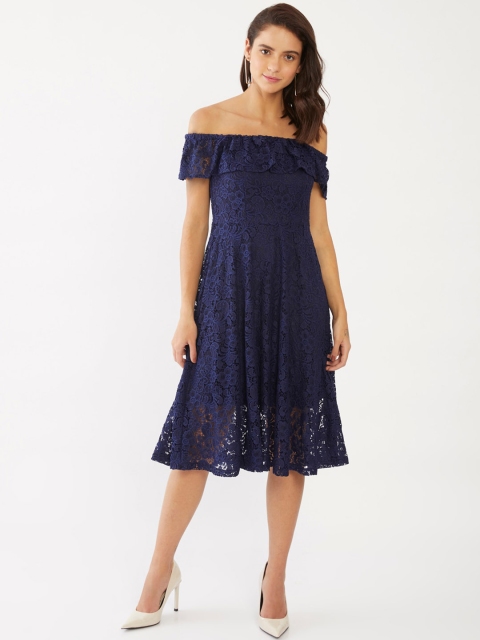 

Zink London Women Blue Floral Off-Shoulder Lace Midi Dress