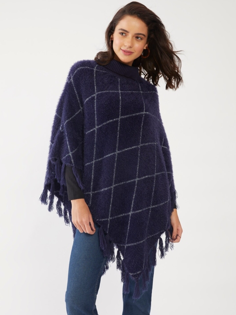 

Zink London Women Blue dark sapphire Checked Acrylic Longline Poncho Jacket