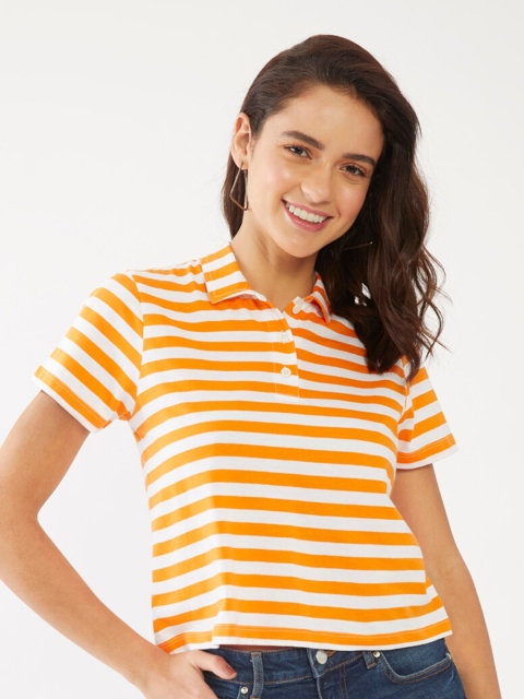 

Zink London Women Orange & Off White Striped Polo Collar Crop T-shirt