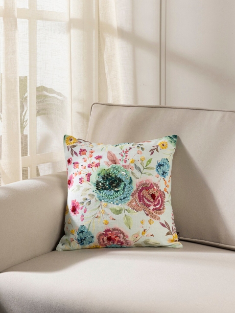 

Pure Home and Living Turquoise Blue & Pink Embroidered Square Cushion Cover