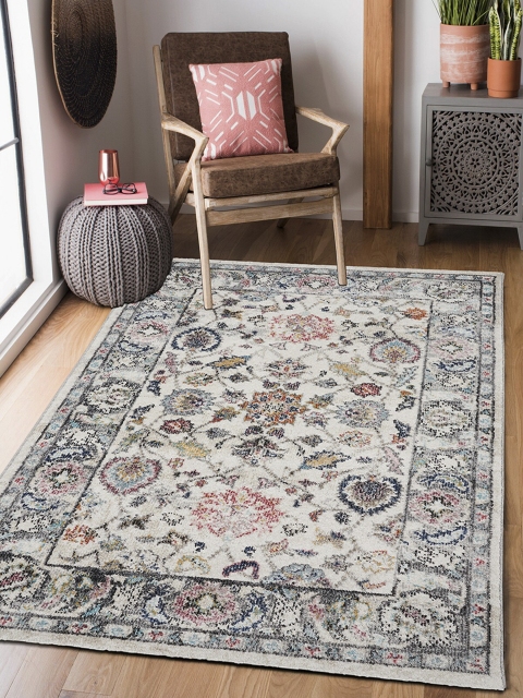 

OBSESSIONS Cream-Colored & Blue Printed Traditional Carpet