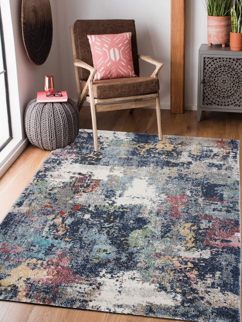 

OBSESSIONS Cream-Coloured & Blue Abstract Printed Salsa Contemporary Carpet