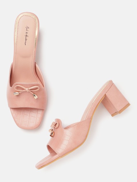 

Mast & Harbour Women Peach-Coloured Croc Textured Block Heels with Bows Detail
