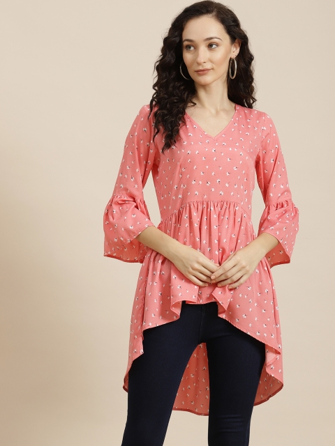 

Qurvii Pink Floral Crepe High-Low Longline Top