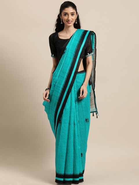 

Rajnandini Turquoise Blue & Black Warli Linen Blend Saree