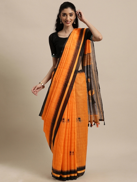 

Rajnandini Orange & Black Warli Linen Blend Saree
