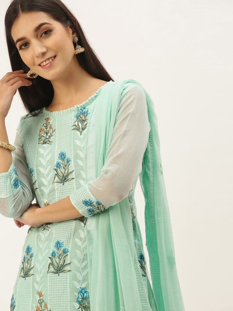 

LADUSAA Sea Green Printed Embroidered Unstitched Dress Material