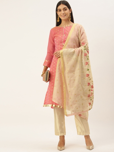 

LADUSAA Pink & Beige Unstitched Dress Material