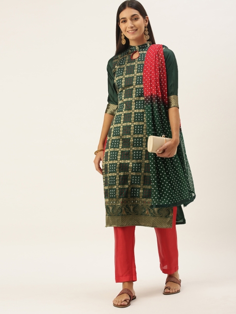 

LADUSAA Green & Red Woven Design Unstitched Dress Material