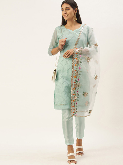 

LADUSAA Green Embellished Unstitched Dress Material