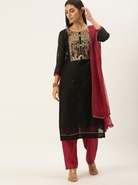 

LADUSAA Black & Pink Embroidered Unstitched Dress Material