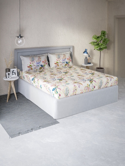 

DDecor Cream-Coloured & Purple Floral 130 TC Queen Bedsheet with 2 Pillow Covers