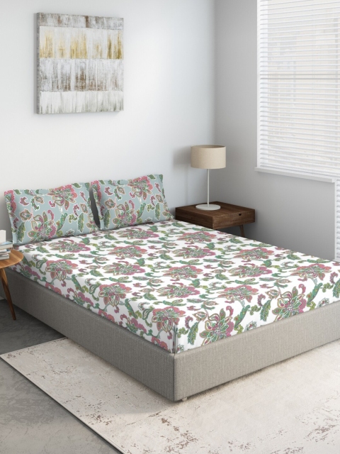 DDecor White & Khaki Floral 130 TC Queen Bedsheet with 2 Pillow Covers