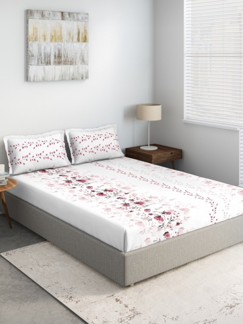 

DDecor White & Red Floral 130 TC Queen Bedsheet with 2 Pillow Covers