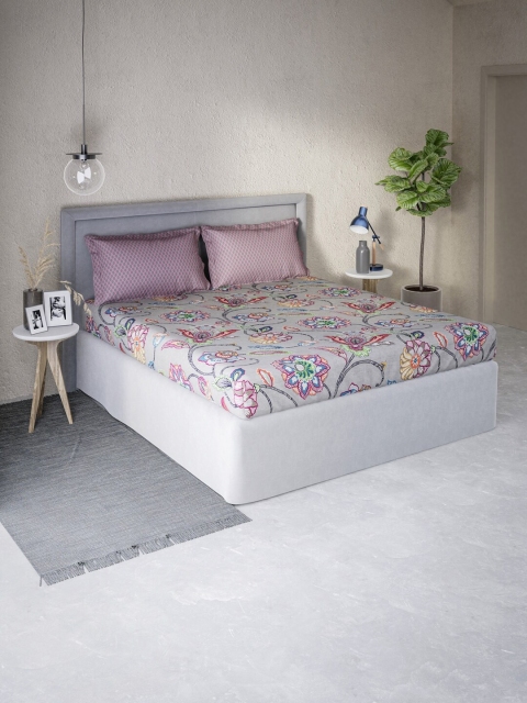 

DDecor Grey & Pink Floral 130 TC Queen Bedsheet with 2 Pillow Covers