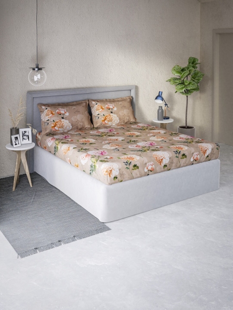 

DDecor Beige & Orange Floral 130 TC Queen Bedsheet with 2 Pillow Covers
