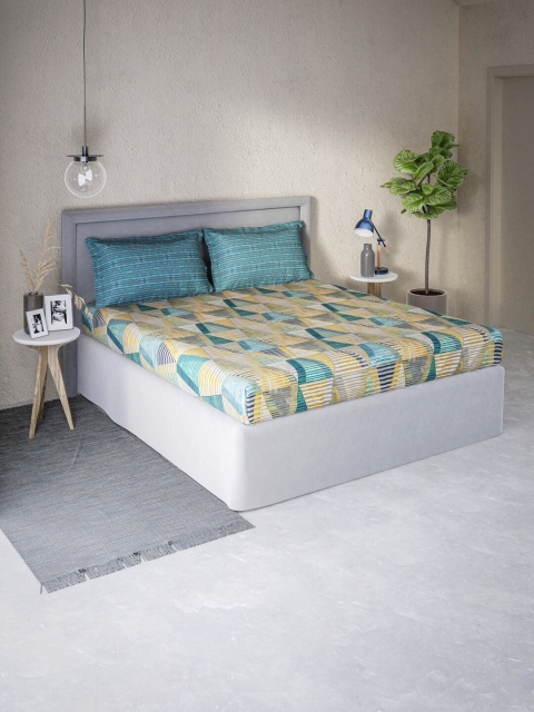 

DDecor Turquoise Blue & Yellow Geometric 130 TC Queen Bedsheet with 2 Pillow Covers