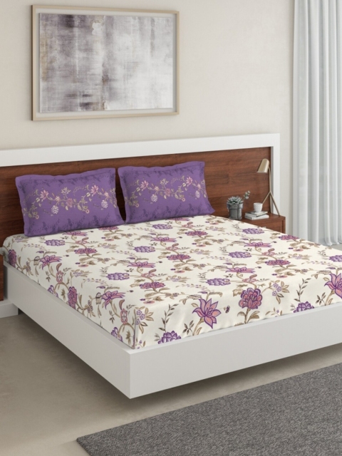 

DDecor White & Purple Floral 130 TC King Bedsheet with 2 Pillow Covers